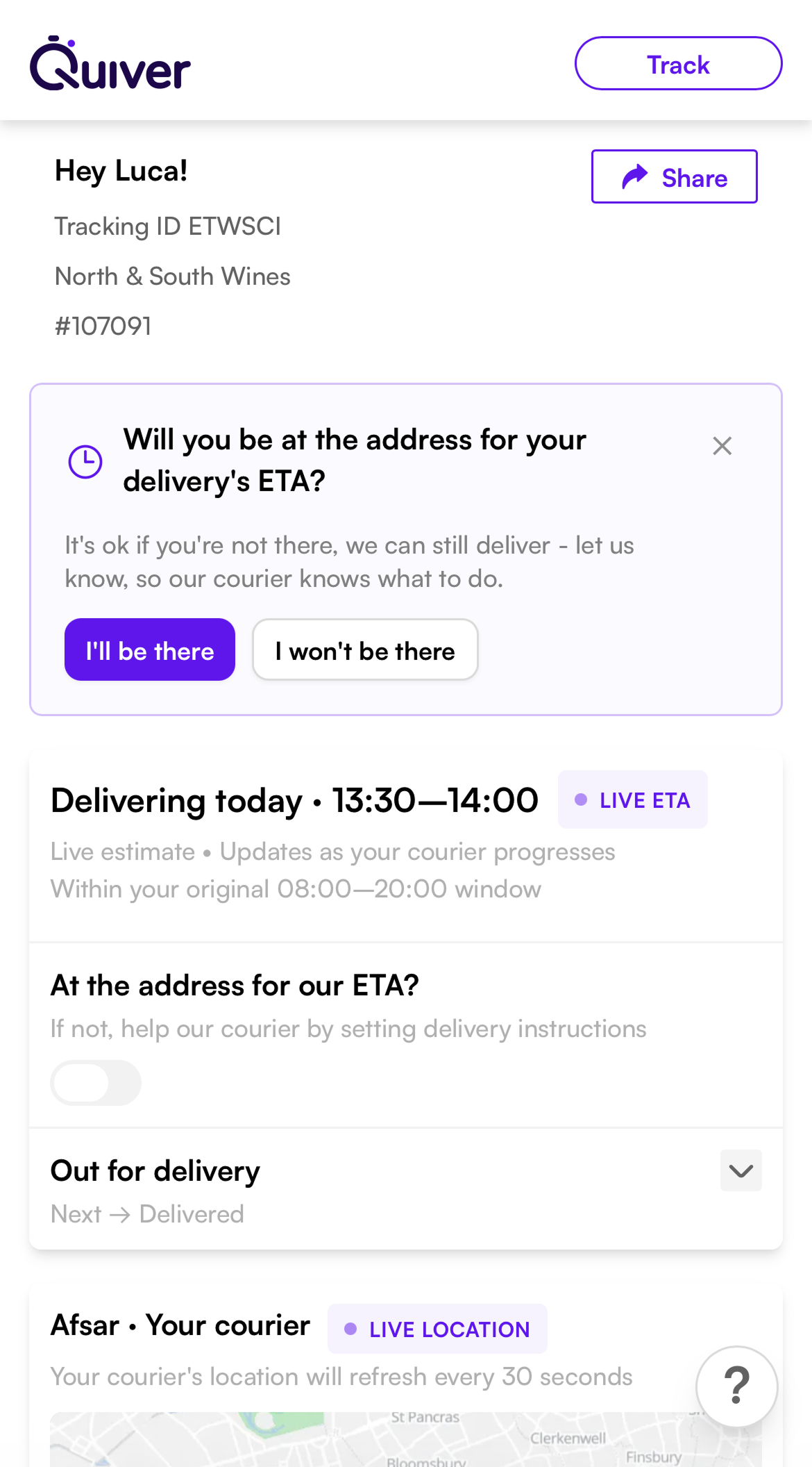 Quiver customer tracking delivery status and ETA